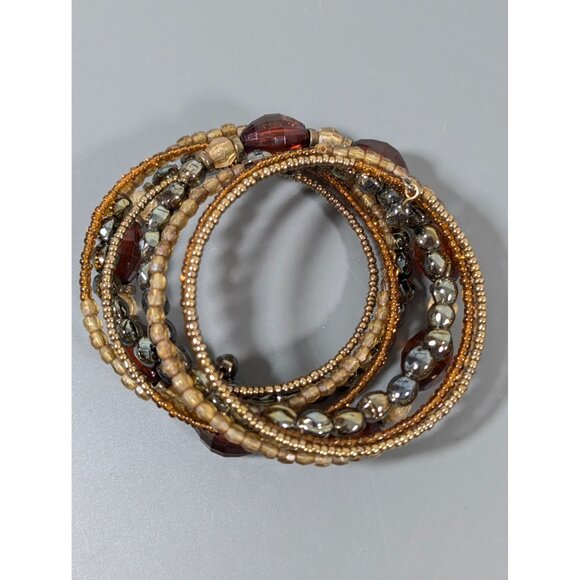 Boho Tribal Faceted Brown Bead Coil Wrap Bracelet 7.5 in - Picture 2 of 6